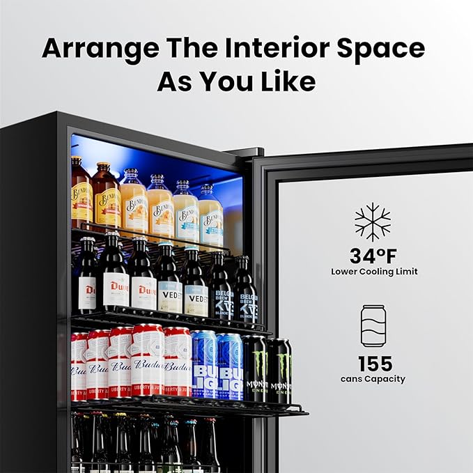Yeego Beverage Refrigerator Cooler, 155 Cans Mini Fridge with Glass Door Beverage Fridge with Adjustable shelves for Soda Beer or Wine,Beverage Cooler with Digital Temperature Control for Home Office