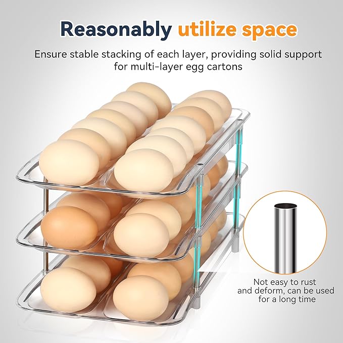 Refrigerator Egg Holder, Self-Rolling Refrigerator Egg Container, Clear Plastic Egg Dispenser, Stackable Egg Organizer with Quick Detachable Inner Tray for Tissue and Storage, 2-Pack
