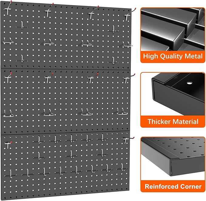 TORACK 3 PCS Metal Pegboard Panels for Wall Garage Utility Tools Storage Pegboard for Workbench, Shop, Modular Peg Board Tool Organizer Boards(Pack of 3, Black)