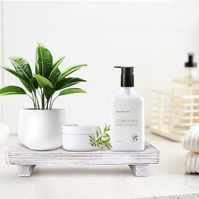 Rustic White Bathroom Counter Tray Wood Risers Display Pedestal Stand Kitchen Countertop Trays Decorative Wooden Riser Soap Dish Dispenser Holder for Bathroom Sink Accessories Kitchen Decor Tray