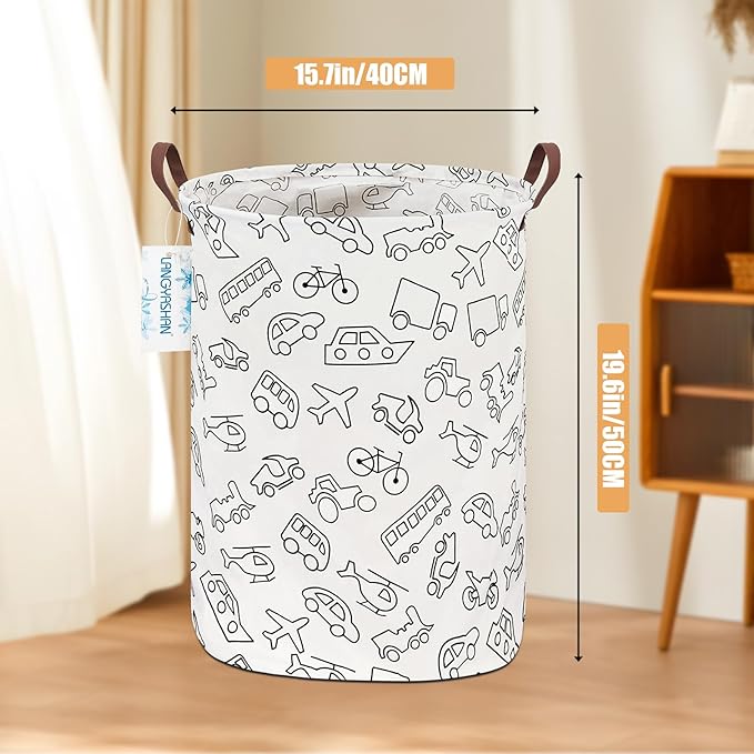 LANGYASHAN Laundry Basket Canvas Fabric Collapsible Organizer Basket for Storage Bin Toy Bins Gift Baskets Bedroom Clothes Children Nursery Hamper (Vehicle)