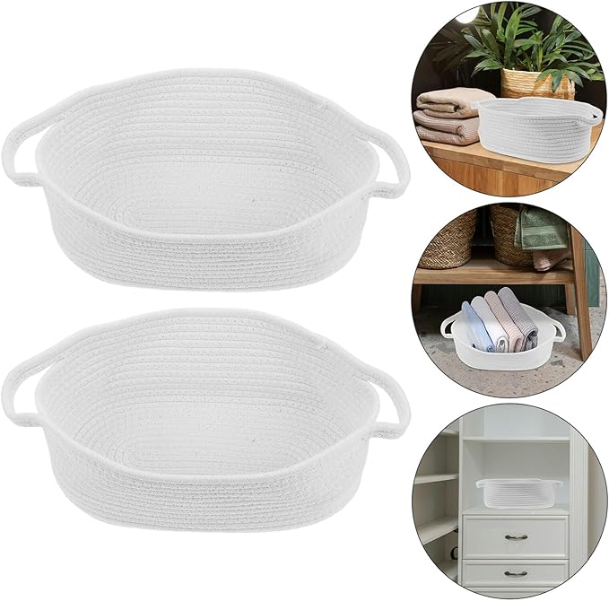 BESPORTBLE 2pcs Small Woven Cotton Rope Baskets with Handles Portable Decorative Storage Bins for Clothes Home Organization Shelves and Closets