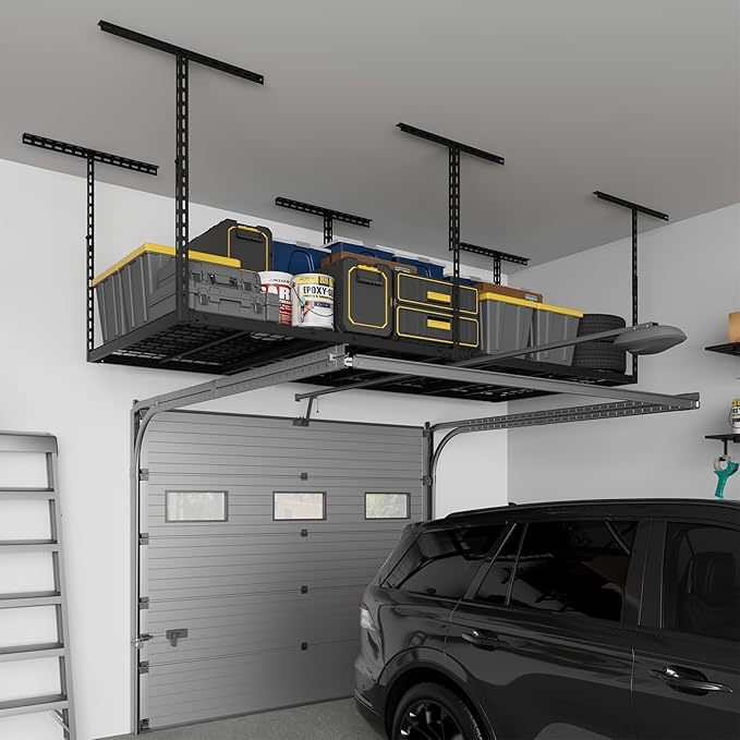 3X8FT Overhead Garage Storage Rack, 22"-48" Height Adjustable Garage Ceiling Storage Racks, Heavy Duty Metal Overhead Storage Organizer System, 750LBS Weight Capacity