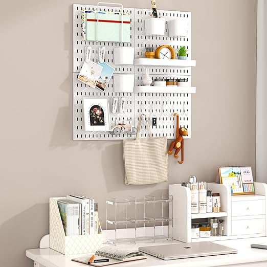 Peg Board Combination Kit, 8 Pegboards with 40 Accessories, Pegboard Wall Organizer for Office, Nursery & Home Storage, Key Holder, 51.2"x25.6" – Nail-Free Installation（White）