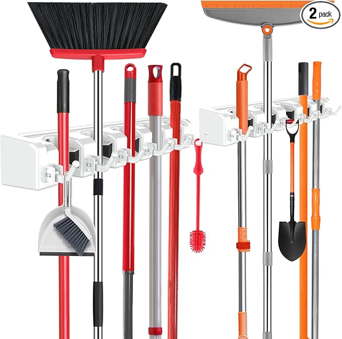 nacena Broom Holder Wall Mount, 2 Packs White Wall Hanging Garden Tool & Utility Closet Organizer Mop & Broom Hook Wall Mounted Heavy Duty Broom and Mop Organizer Wall Hanging for Bathroom, garage