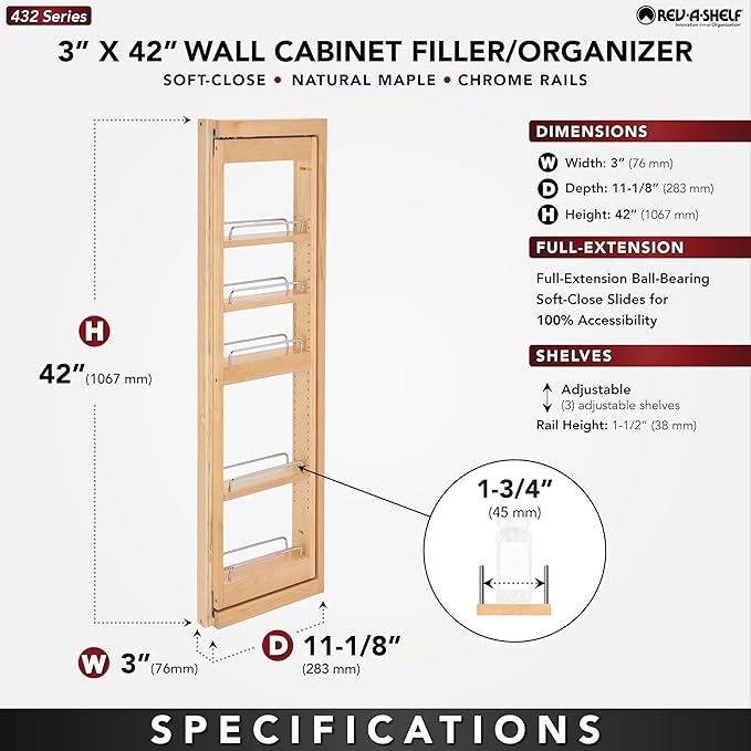 Rev-A-Shelf Kitchen Cabinet Pullout Wall Filler Wooden Organizer Slide Out Pantry Storage w/Soft-Close in Multiple Sizes, 3 x 42 in, 432-WFBBSC42-3C