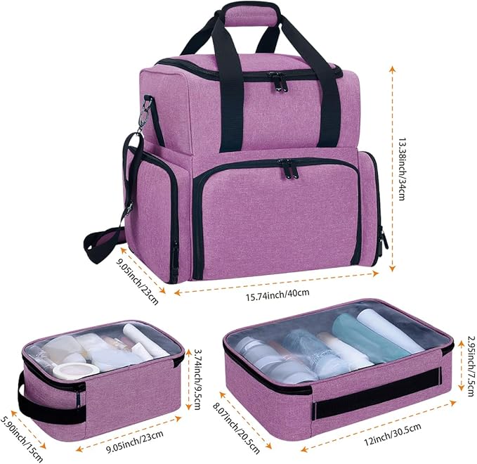 Large Makeup Cosmetic Bag with 3 Removable Case and 2 Removable Dividers Double Layer Travel Storage Organizer, Makeup Brushes Storage Section Purple