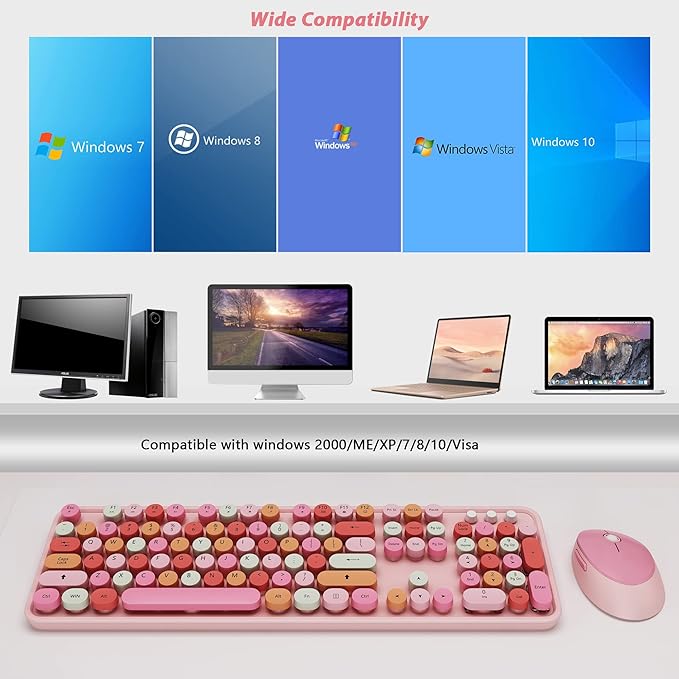 KOOTOP Cute Pink Wireless Keyboard and Mouse, 2.4G Retro Round Keycap for PC, Mac, Laptop, Tablet, Computer Windows