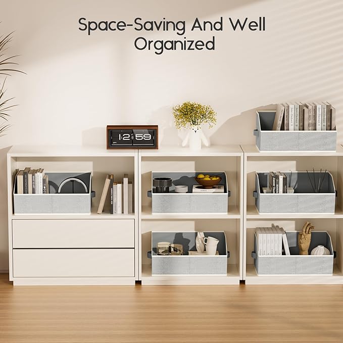 Large Closet Organizers and Storage Bins - 6 Pack Trapezoid Storage Baskets for Shelves, Foldable Fabric Baskets with Handles Ideal for Closet, Basket, Wardrobe and Shelf Storage, Light Grey