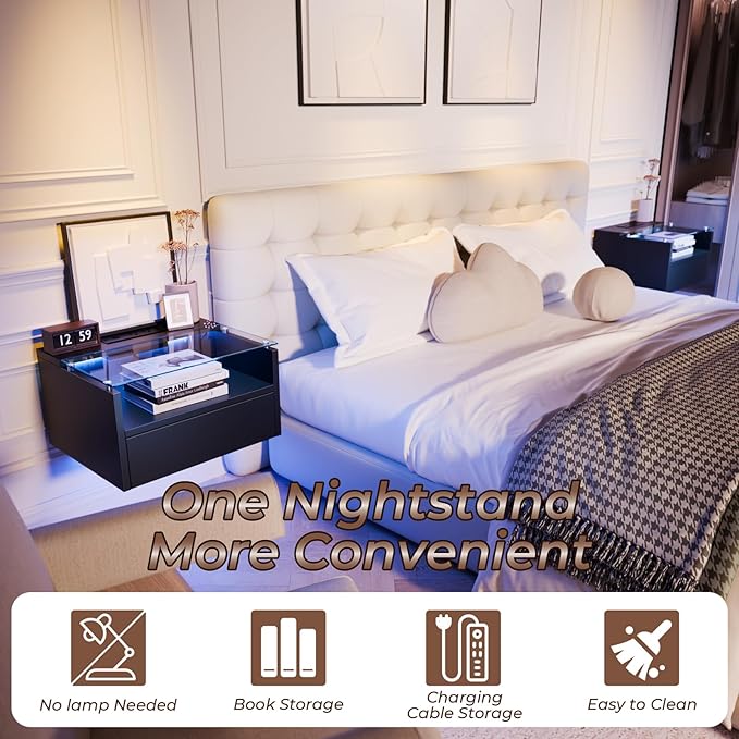 Loomie Black Floating Nightstands Set of 2, 18.9” Bedside Table w/Charging Station and LED Light, Floating Shelf with Drawer, Wall Mounted Night Stand for Bedroom, Entryway Wall.