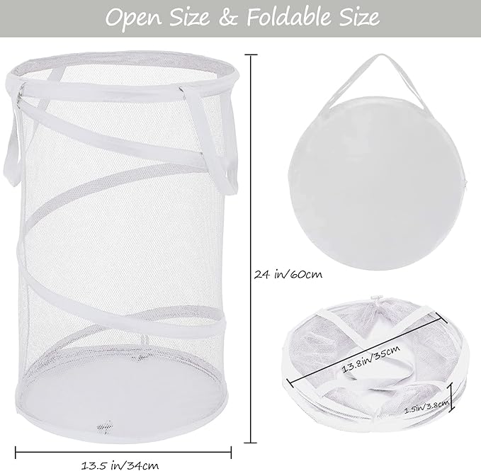 BATTOO 2 Pack White Large Collapsible Laundry Basket Foldable Mesh Pop Up Hamper with Handles for Laundry Room, Bathroom, Kids Room, College Dorm, Travel, Camping, Gift Basket