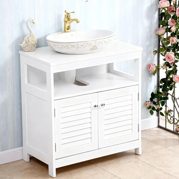 U-Shaped Under Sink Storage Cabinet with 2 Doors & Open Shelf, Freestanding Bathroom Vanity Organizer for Pedestal Sink, Water-Resistant MDF Cabinet for Toiletries & Cleaning Supplies, White