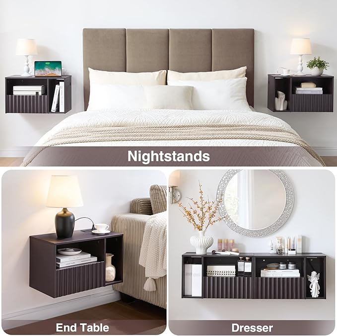 Modern Espresso Fluted Floating Nightstand with Charging Station, NightStand with Drawers, Bedside with USB Ports and Outlets, Bedroom Furniture (Right)