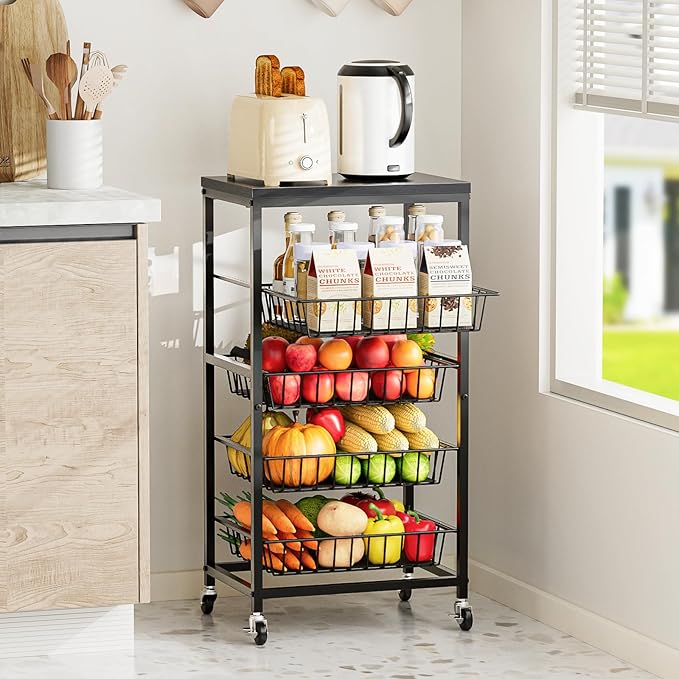 Snack Cart, 5-Tier Kitchen Carts on Wheels with Storage,Fruit Basket Stand with Pull-Out Baskets and Wood Top,Kitchen Organizer for Fruit Vegetable Snack (Black)