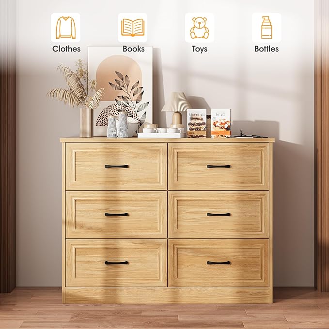 Fameill Dresser for Bedroom, 6 Drawer Wide Dresser Organizer with Charging Station for Hallway with Metal Handles, Oak