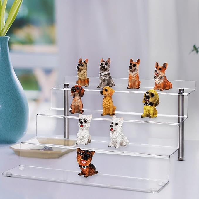 Acrylic Riser Shelf 4 Tier Clear Display Stand for Collectibles Pop Figures, Cupcakes, Perfumes, Display Risers for Decorating & Organizing - 11.8 x 10.8 x 6.5 in (Large, 3 Pack)