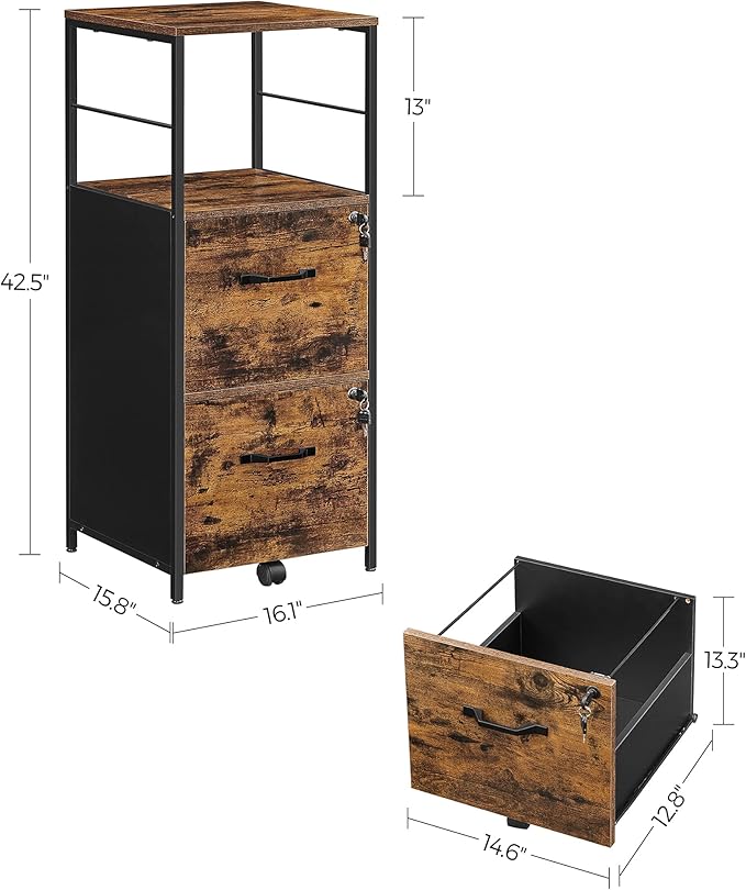 VASAGLE File Cabinet for Home Office, 2-Drawer Filing Cabinet with Lock, Open Shelf, Printer Stand, for A4 and Letter Sized Files, Adjustable Feet, Industrial, Rustic Brown and Ink Black UOFC045B01