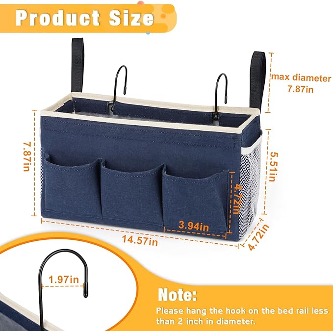 Bedside Caddy Bedside Organizer Bedside Storage Caddy with Fixed Straps and Water Bottle Holder for Home College Dorm Bunk Bed Hospital Bed Crib Bed Rails (2pcs Navy Blue)