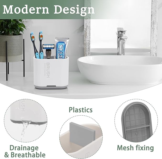 Chintu Toothbrush and Toothpaste Holder with Divider for Bathroom Countertop Organizer, Detachable for Easy Clean,Electric Toothbrush Holders Storage Caddy for Family (White/Gray)