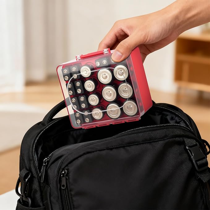 FULLCASE Battery Storage Organizer Box, Holder Container for 20 C D 9V Batteries, Plastic Home Batteries Variety Pack Protective Organization(Case Only) Red