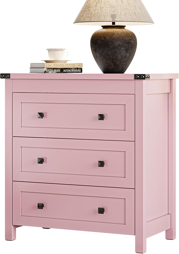 Dresser for Bedroom with 3 Drawers, Small Chests of Drawers, 27.55" Wide Farmhouse Wood Nightstand Bedside Cabinet End Table, Modern Closet Storage Organizer for Living Room, Entryway, Hallway, Pink