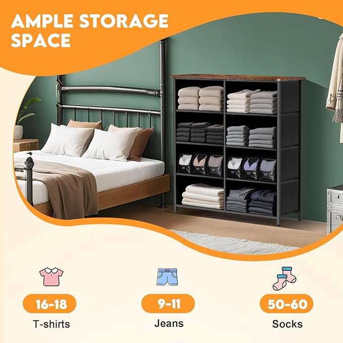 Curved Profile Dresser for Bedroom, Chest of Drawers, 8 Storage Drawers Organizer Unit, Brown Dresser with Fabric Bins for Closet, Living Room, Kid Room (Rustic Brown)