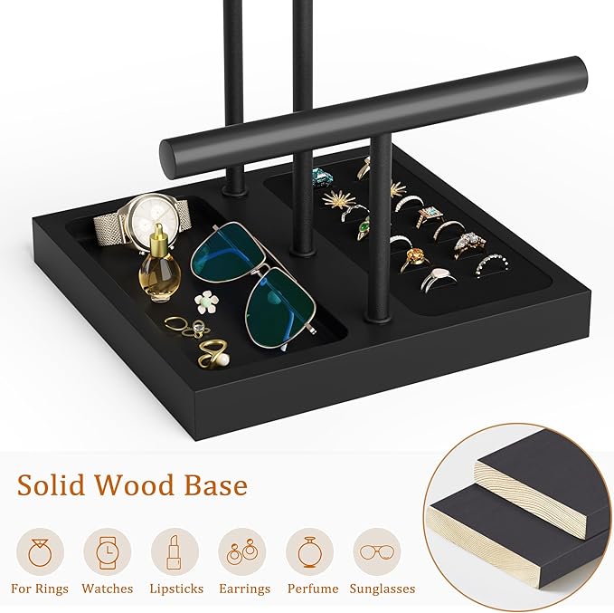 SZQINJI Bracelet Holder Display Organizer Stand, Necklace Holder Jewelry Holder Stand, Solid Wood Base with 3 Tier Metal T-bar for Bracelet Necklace Scrunchie Wristband Bangle Watch Ring, Black