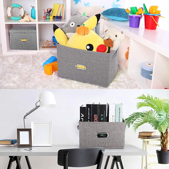 Linen Fabric Collapsible Storage Bins with Removable Lids and Handles, Washable Storage Box Containers Baskets Cube with Cover for Bedroom,Closet,Office,Living Room,Nursery (Grey, Medium)