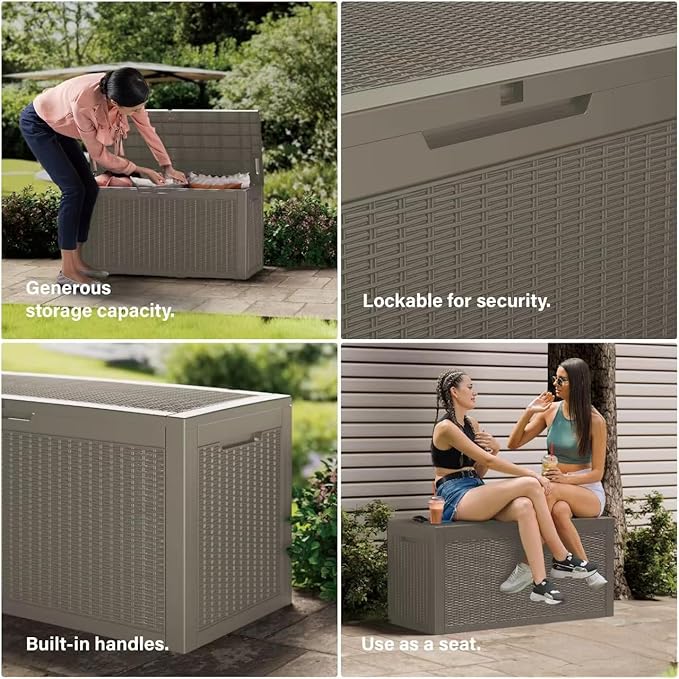 100 Gallon Deck Box, Resin Outdoor Indoor Waterproof Storage Box, Lockable Storage Box With Handle for Patio Furniture - Garden Tools - Swimming Pool Tools UV-Resistant, Grey