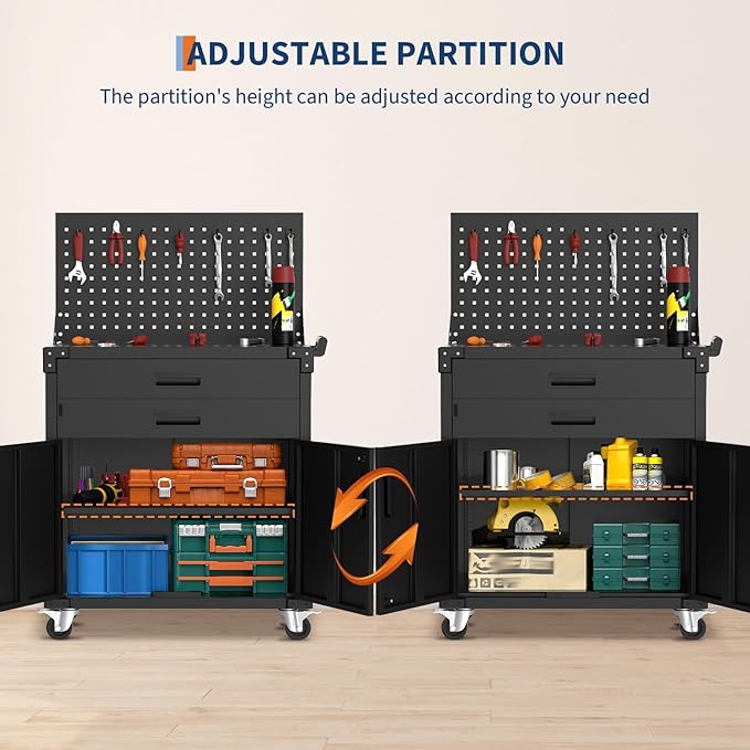35” Heavy-Duty Rolling Tool Cabinet with Deep Drawers, Locking Casters & Pegboard | Industrial Steel Storage Organizer, Adjustable Shelves, Mobile Workbench for Garage, Workshop, Warehouse