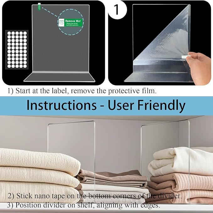 Shelf Dividers for Closet Organization: 12" Tall Acrylic Closet Dividers for Shelves - Clear Free Standing Shelf Separators for Clothing Sweater Purse