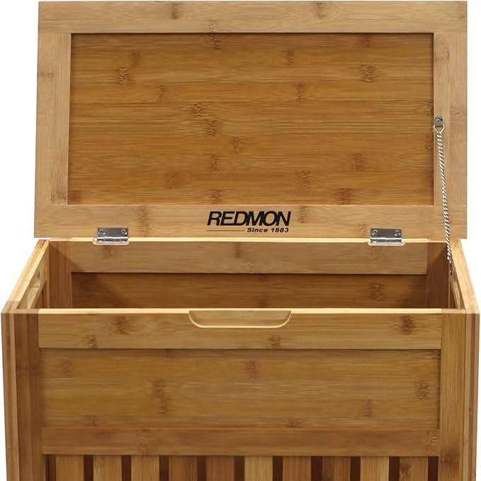 Redmon Bamboo Top Load Full Size Clothes Hamper, Side Handles, Double Hinged Lid and Decorative Stop
