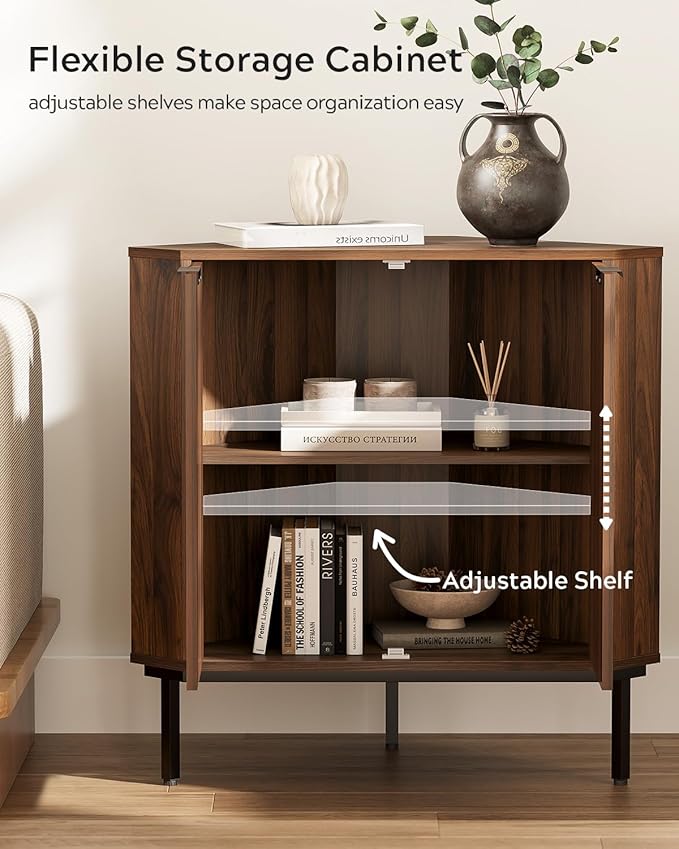Fluted Corner Cabinet, Modern Small Corner Floor Cabinet with 2 Doors and 2-Tier Shelves, Freestanding Narrow Organizer for Living Room Kitchen Bathroom, Brown