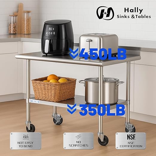 Hally Stainless Steel Table for Prep & Work 24 x 36 Inches with Caster Wheels, NSF Commercial Heavy Duty Table with Undershelf and Backsplash for Restaurant, Home and Hotel
