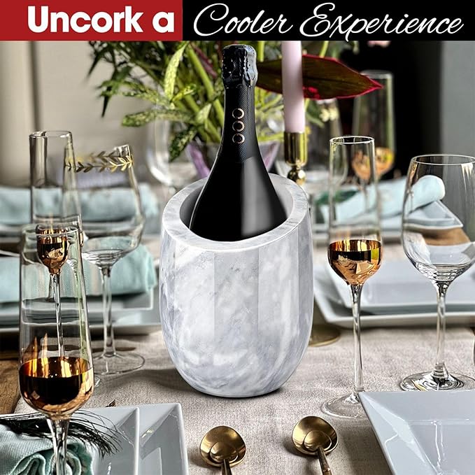 Flexzion Marble Wine Chiller Bucket – White Wine Cooler & Champagne Bucket for Bar Cart Decor, Kitchen & Parties – Gifts for Men, Women & Enthusiasts – Fits 750ml Bottles