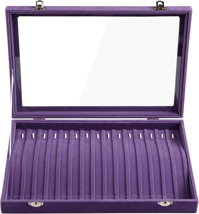 Frebeauty 15 Hooks Necklace Tray Velvet Neckalce Organizer with Clear Lid Lockable Necklace Holder Box Jewelry Organizer for Pendants Chains Necklace Jeweley Tray for Women (Purple)