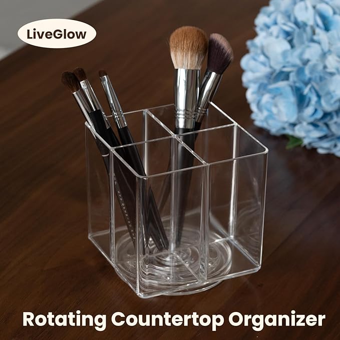 Clear Makeup Brush Holder,Acrylic Rotating 360°Makeup Brush Organizer,Pen holder with 4 Grids,Makeup Holder for Courtup,Containers for Desk,2pc