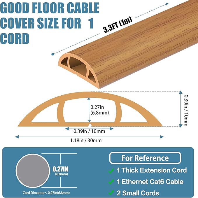 Floor Cord Covers for Wires 3.3FT Cable Hider Wire Cover Self Adhesive Cord Hider Floor for Offices, Homes, Workshops, Warehouses Cable Cavity 0.39" W x 0.27" H