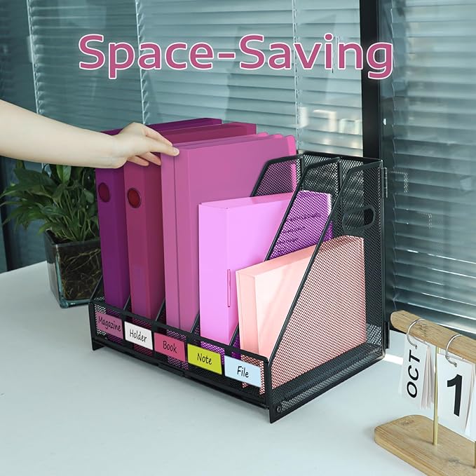 Desk Organizers, Metal Magazine File Holder with 5 Vertical Compartments Rack Binder File Organizer for Office Supplies, Home Workspace - Black