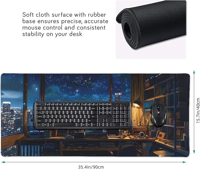 City Night from The Study Window Large Mouse Pad, Anime Style Gaming Desk Mat, XXL Keyboard Desk Pad Mat for Desktop, 35.4"x15.7" Non-Slip Base Big Mousepad with Stitched Edges