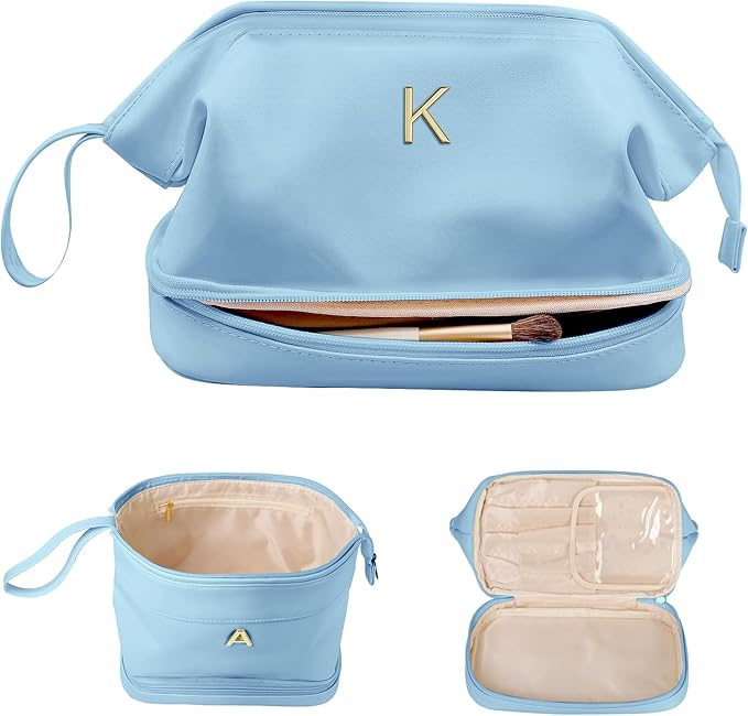 Birthday Gift for Daughter-Initial Large Makeup Bag, Personalized Double Layer Cosmetic Bag with Makeup Brush Organizer, Personalized Gift for 7 8 9 10 11 12 13 14 15 16 17 18 Year Old Girls