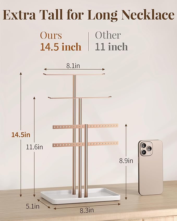 pickpiff Jewelry Stand Holder Organizer: 14.5" Sturdy Hanger for 80 Pcs Jewelry, Rose Gold Jewlery Tower for Display Necklace, Earring, Bracelet, Watch