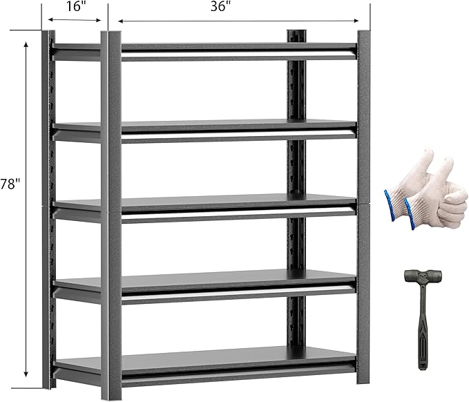 Garage Shelving – 5-Tier Heavy Duty Metal Storage Shelves, Adjustable, 36" W x 16" D x 78" H, Perfect for Basement, Warehouse, Pantry, Closet