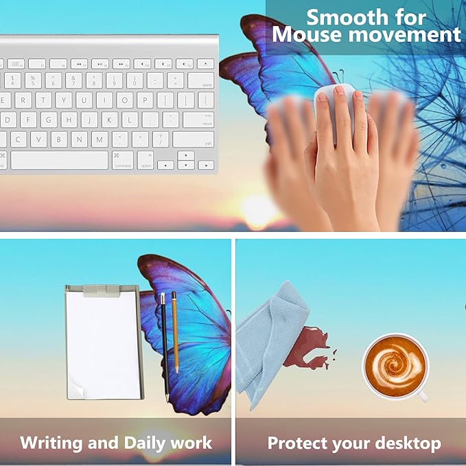 Gaming Mouse Mat Morpho Butterfly and Dandelion Large Mouse Pad Extended Mouse Pad Desk Mat Non-Slip Rubber Base Mice Pad Desk Pad for Office Game Home 35.4x15.75 in