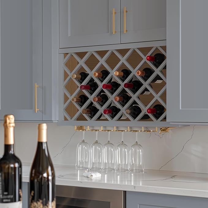 Solid Wood RTA Wine Bottle Rack Wall Cabinet with Lattice Panels Wine Holder Wine Storage Cabinet for Bar, Pantry, Wine Cellar Basement Countertop Mocha (Gray, 36”W × 12”D × 18”H), Sk-grey