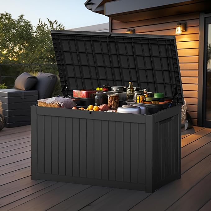 280 Gallon Outdoor Deck Box,Storage Lockable Waterproof Patio Furniture,Garden Tools,Cushions,Pool Accessories Outside Storage Resin Box(Black)