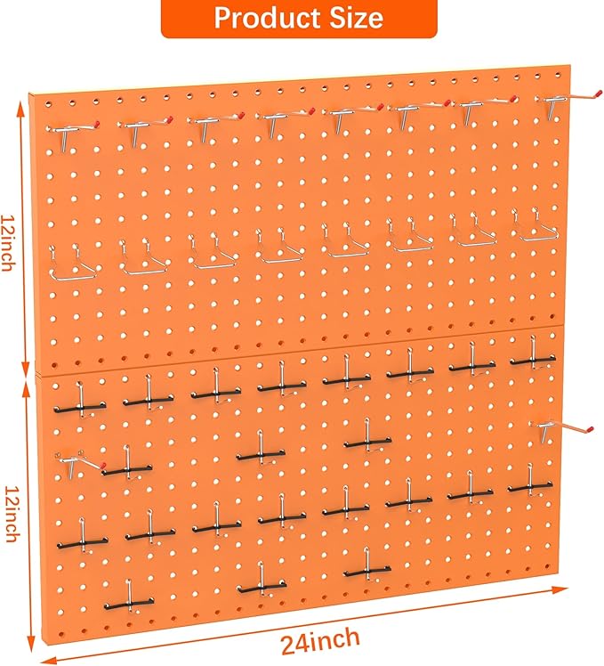 TORACK Metal Pegboard Wall Organizer 24" x 24" or 12" x 48", 70 PCS Tools Storage Pegboard for Garage, Modular Pegboard, Tool Organizer Board with Peg Board Hooks(Orange)