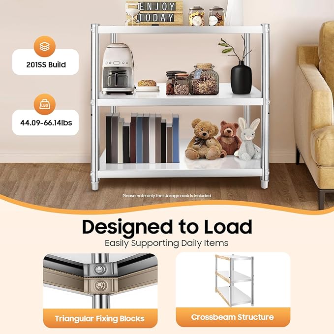 Metal Work Table,3 Tier Kitchen Storage Rack, Stainless Steel Shelving Unit Organizer with Adjustable Shelf for Pantry, Bathroom, Laundry Room, 66 lbs Load Capacity