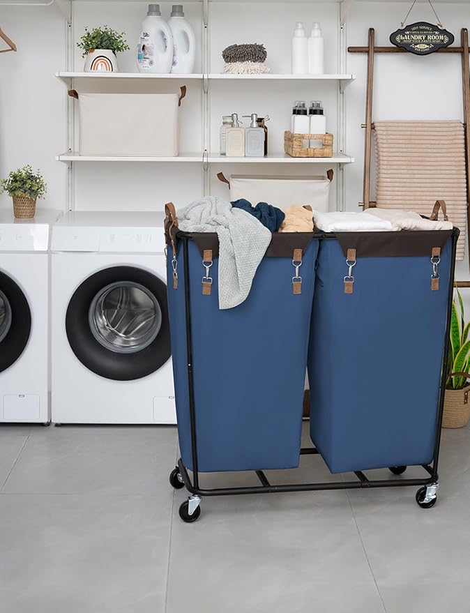 StorageWorks 390L Extra Large Lanudry Hamper with Wheels, Laundry Basket with Wheels 2 Sections, Clothes Sorter Cart with Divider for Hotel, Home, Blue, 1-Pack