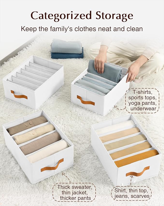 Clothes Organizers and Storage - 4/5/7 Grids Fabric Jeans Organizer with Handles, Foldable Closet Organizers Dividers, Wardrobe organizer for Pant, Sweater, T-shirt, Scarf, 6 Pack, White